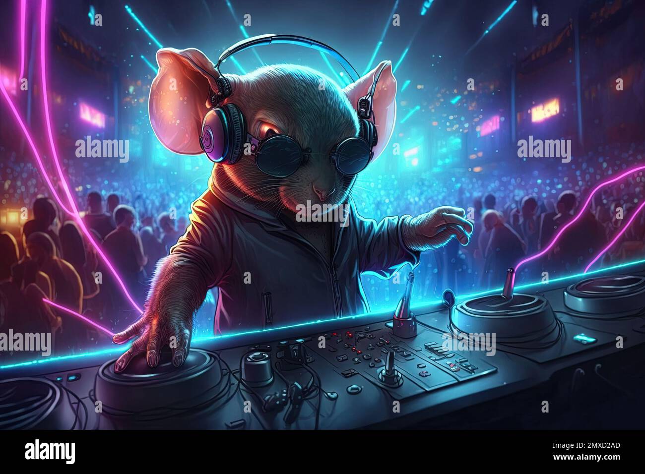 A mouse animal is a resident dj in the club People dancing on background illustration generative ai Stock Photo