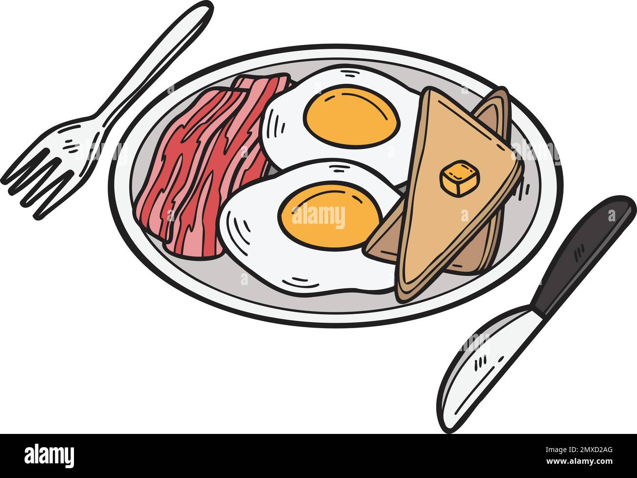 Hand Drawn Fried eggs and bacon on a plate illustration in doodle style isolated on background Stock Vector