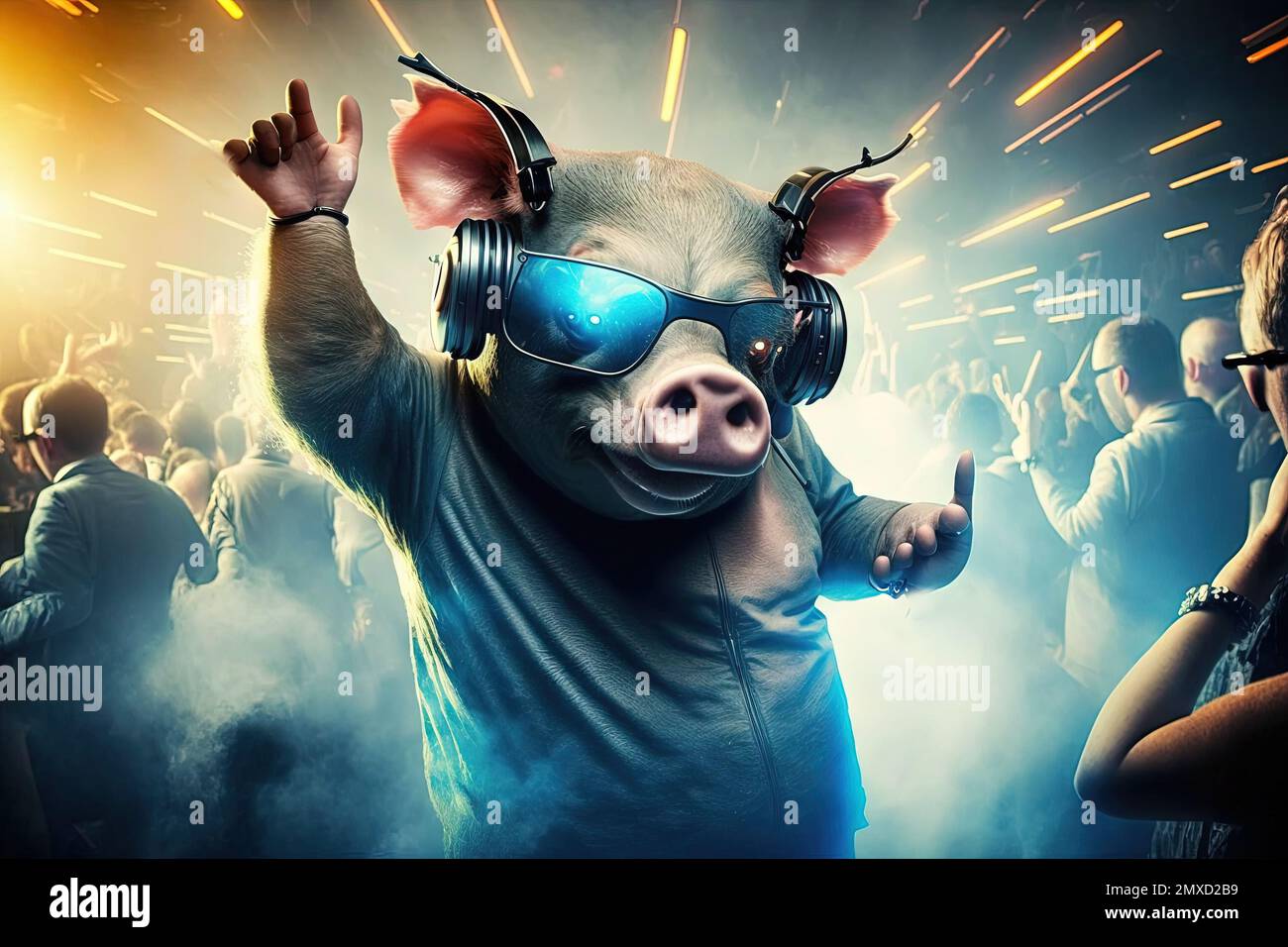 A pig animal is a resident dj in the club People dancing on background illustration generative ai Stock Photo