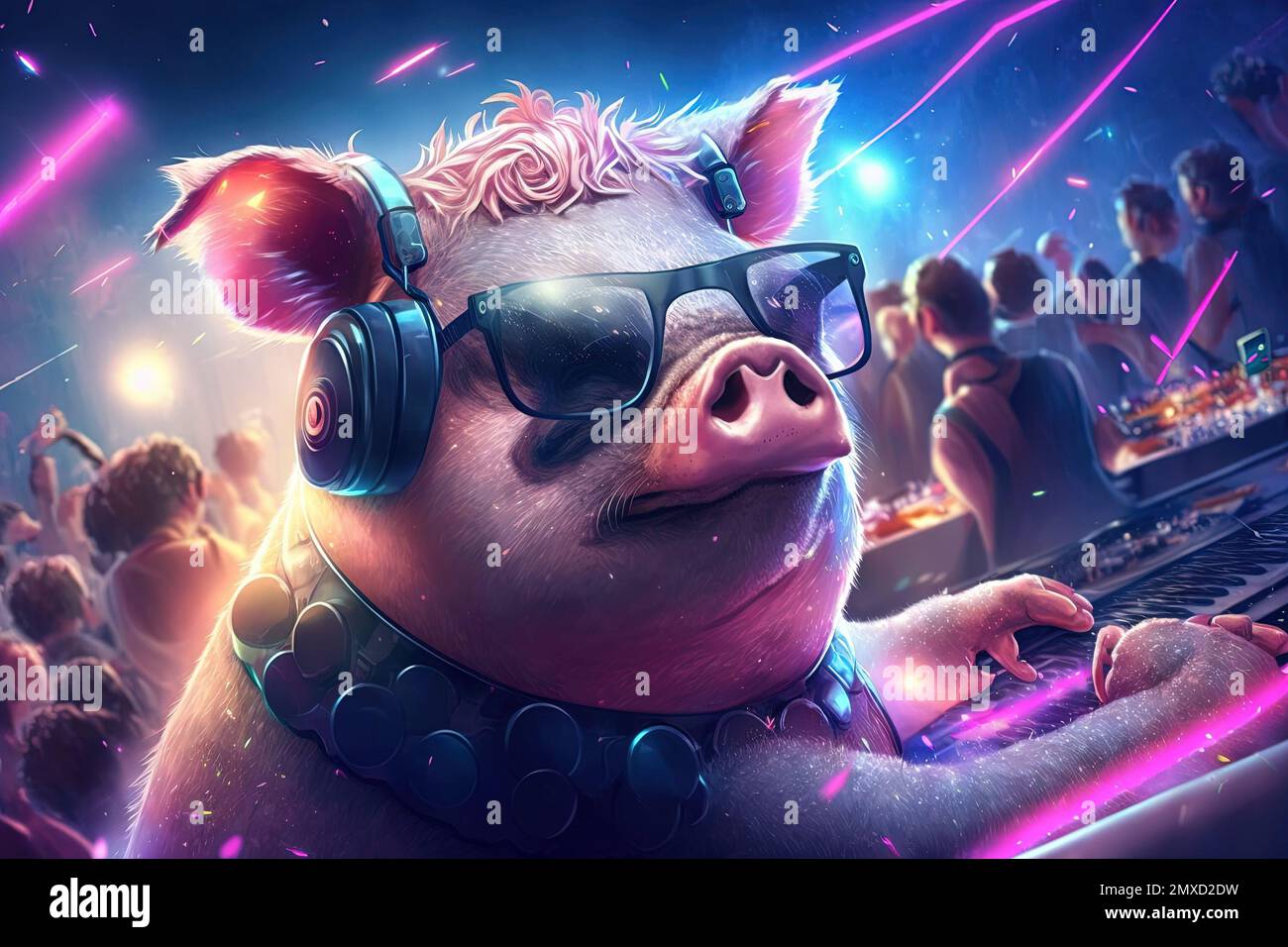 A pig animal is a resident dj in the club People dancing on background illustration generative ai Stock Photo