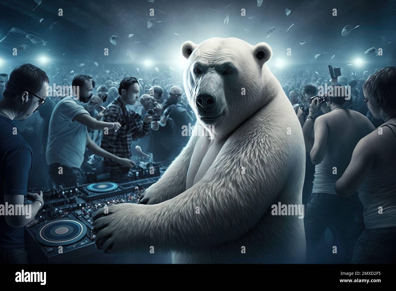 A Polar bear animal is a resident dj in the club People dancing on background illustration generative ai Stock Photo