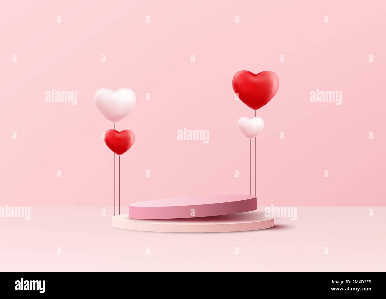 3D realistic pink podium platform pedestal stand decoration with red and pink balloon heart shape symbol on pink background. Valentine day for product Stock Vector