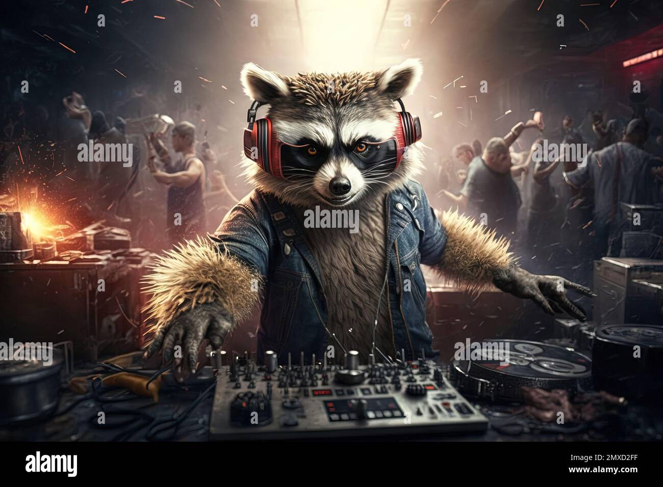 A Racoon animal is a resident dj in the club People dancing on background illustration generative ai Stock Photo