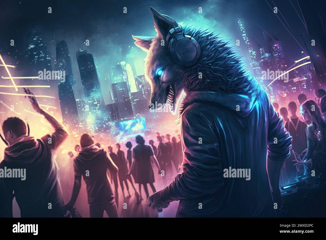 A Wolf animal is a resident dj in the club People dancing on background illustration generative ai Stock Photo