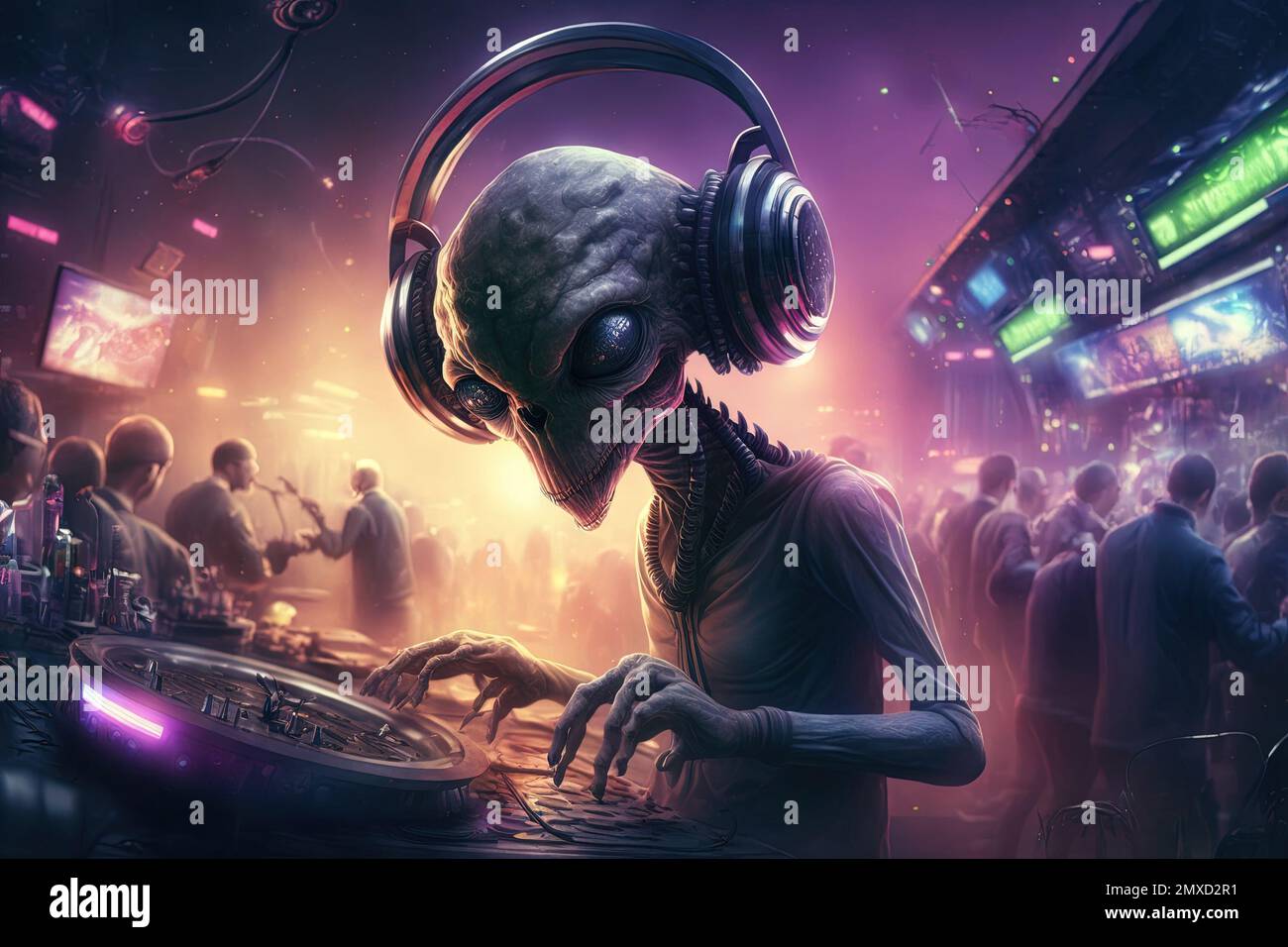 An Alien is a resident dj in the club People dancing on background illustration generative ai Stock Photo