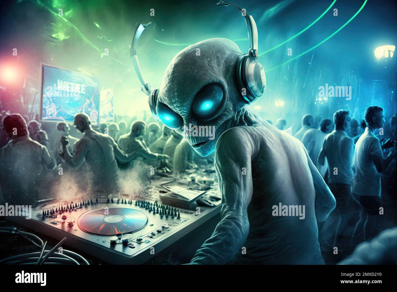 An Alien is a resident dj in the club People dancing on background illustration generative ai Stock Photo