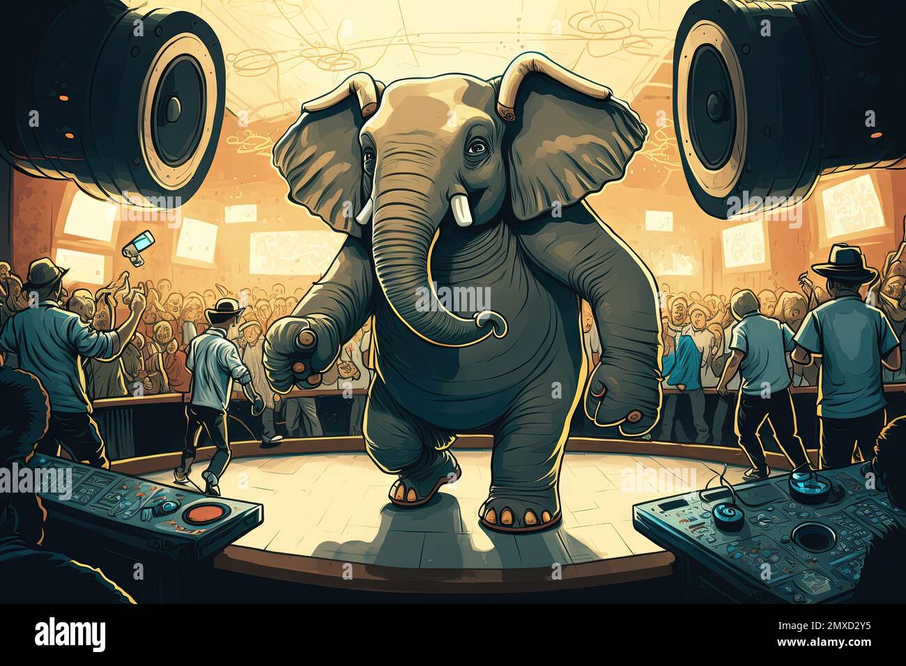 An Elephant animal is a resident dj in the club People dancing on background illustration generative ai Stock Photo
