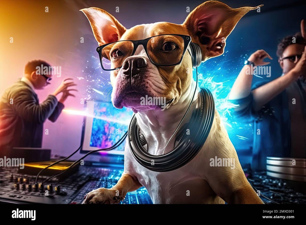 A chihuahua dog animal is a resident dj in the club People dancing on background illustration generative ai Stock Photo