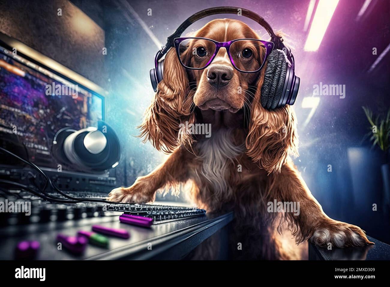 A Cocker spaniel dog animal is a resident dj in the club People dancing on background illustration generative ai Stock Photo