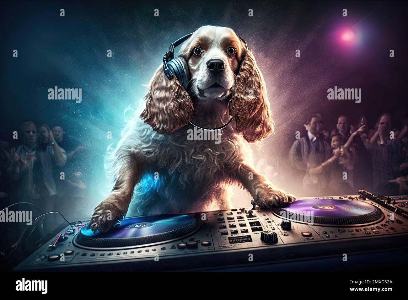 A Cocker spaniel dog animal is a resident dj in the club People dancing on background illustration generative ai Stock Photo