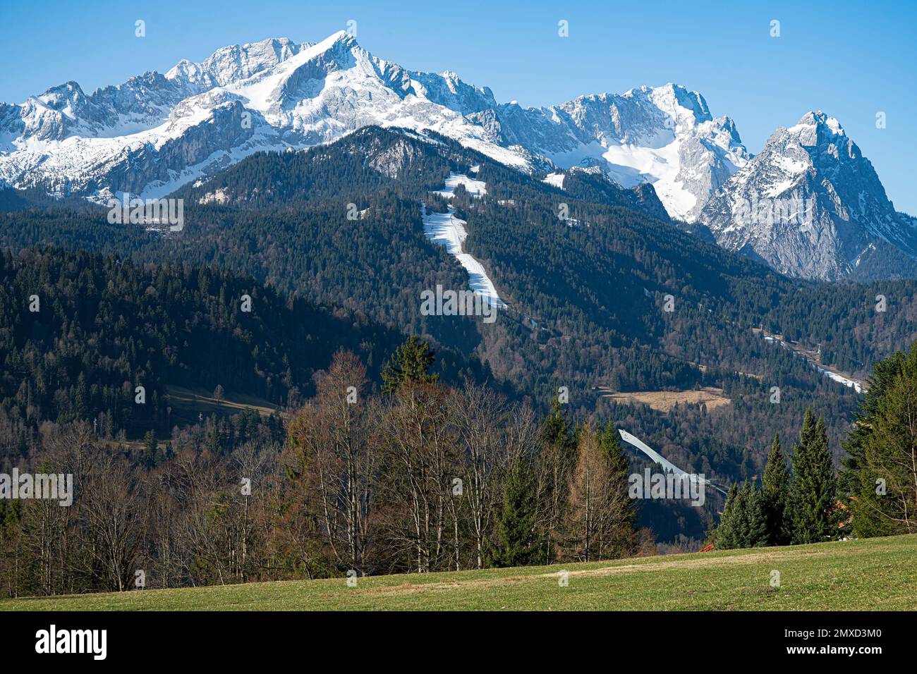 Wetterstein Mountains with Alpspitz, Jubilaeumsgrat and Zugspitze, Germany, Bavaria Stock Photo