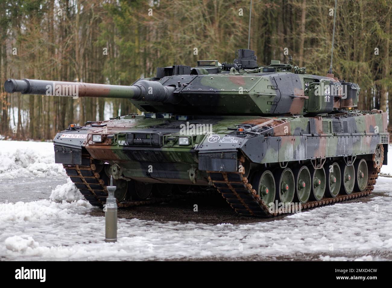 Pfreimd, Germany. 03rd Feb, 2023. A new German Army Leopard 2 A7V tank stands on the barracks grounds during the ceremonial handover for Tank Battalion 104. Tank Battalion 104 will gradually be equipped with Leopard 2 A7V main battle tanks over the coming months. The suffix 2 A7V refers to the 7th development stage of the Leopard 2 and the "V" stands for "improved. Credit: Daniel Karmann/dpa/Alamy Live News Stock Photo