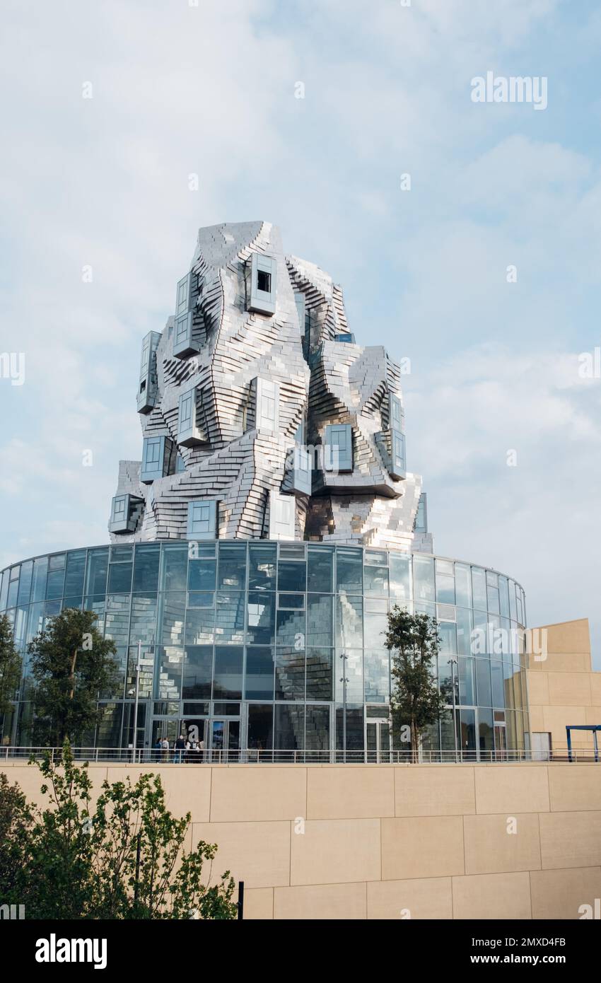 Arles, France October 2022 Twisting tower in reflective aluminium