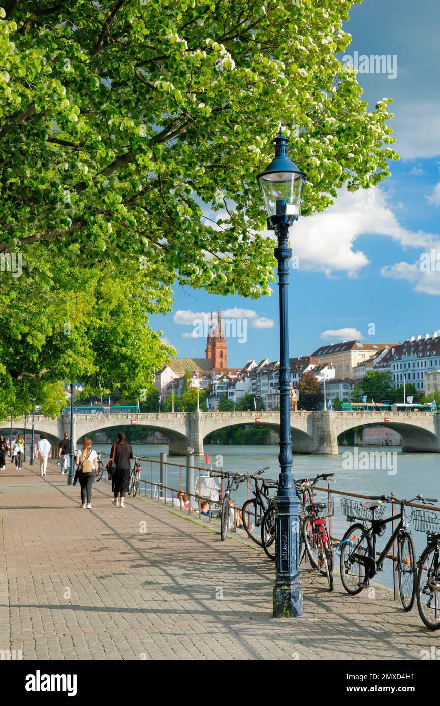 View from the river promenade of the old town of Basel with the Basel Minster and the Middle Bridge, Switzerland, Bale Stock Photo