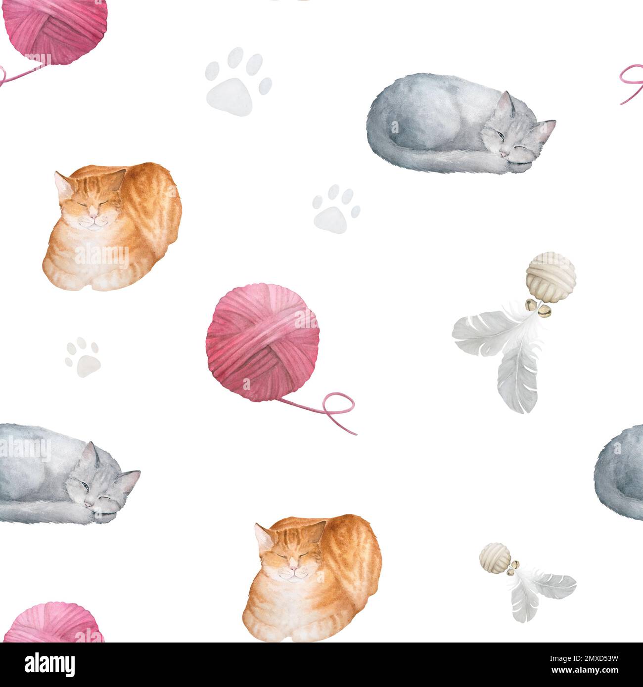 Clews Patterns Seamless watercolor pattern with cats, pastel paw prints, toys and ...
