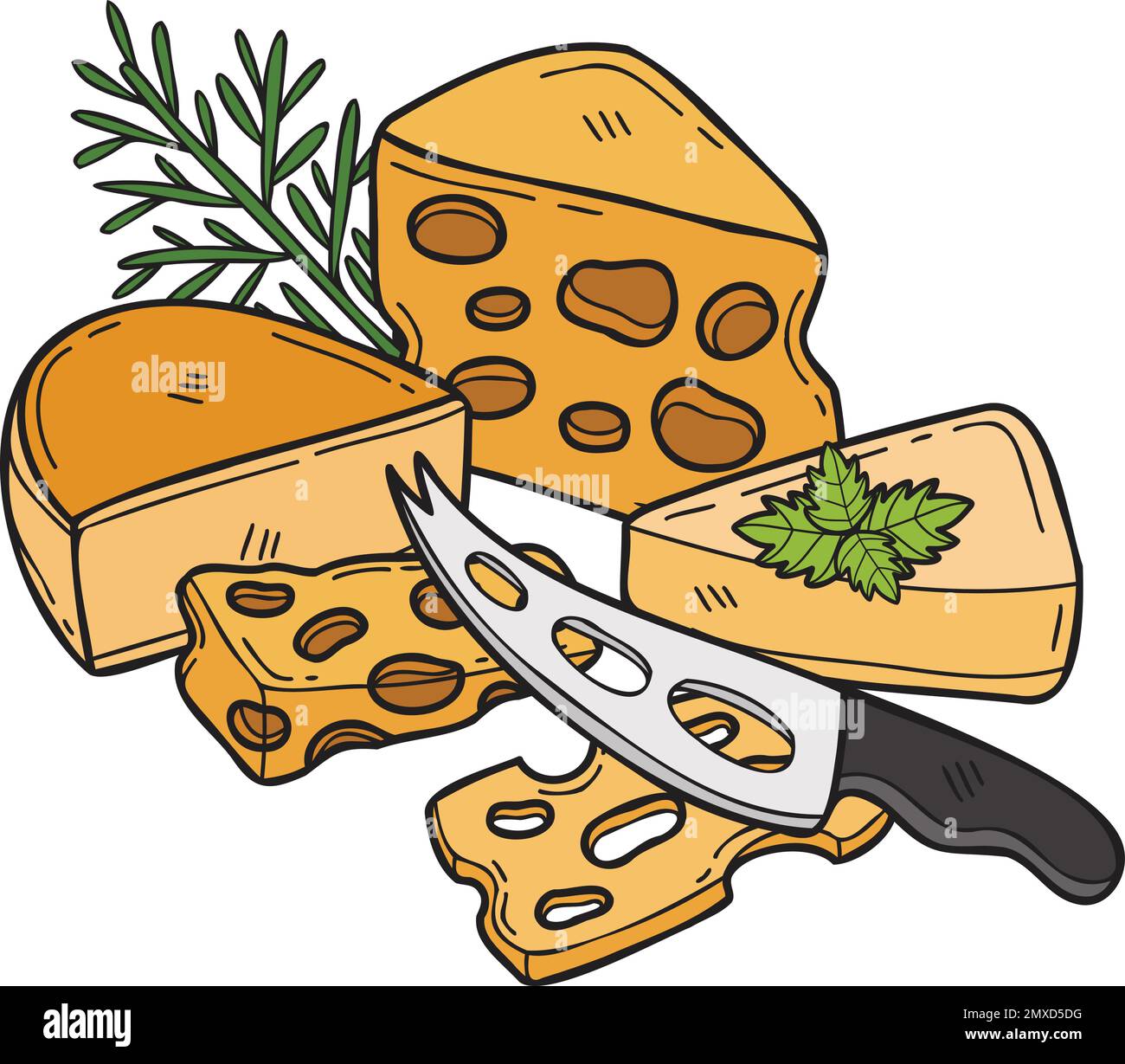Hand Drawn Cheese and cheese knife illustration in doodle style