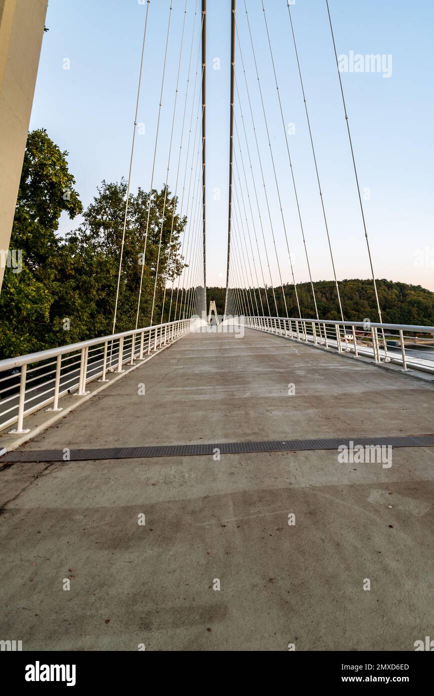 Suspension bridge above Svycarska zatoka of Vranov dam in Czech