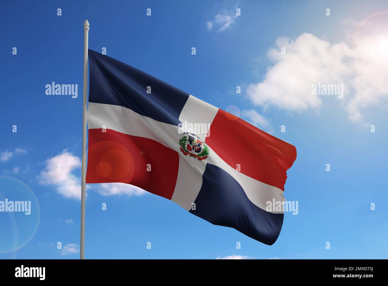 Flag of Dominican Republic on blue sky. 3d illustration. Stock Photo