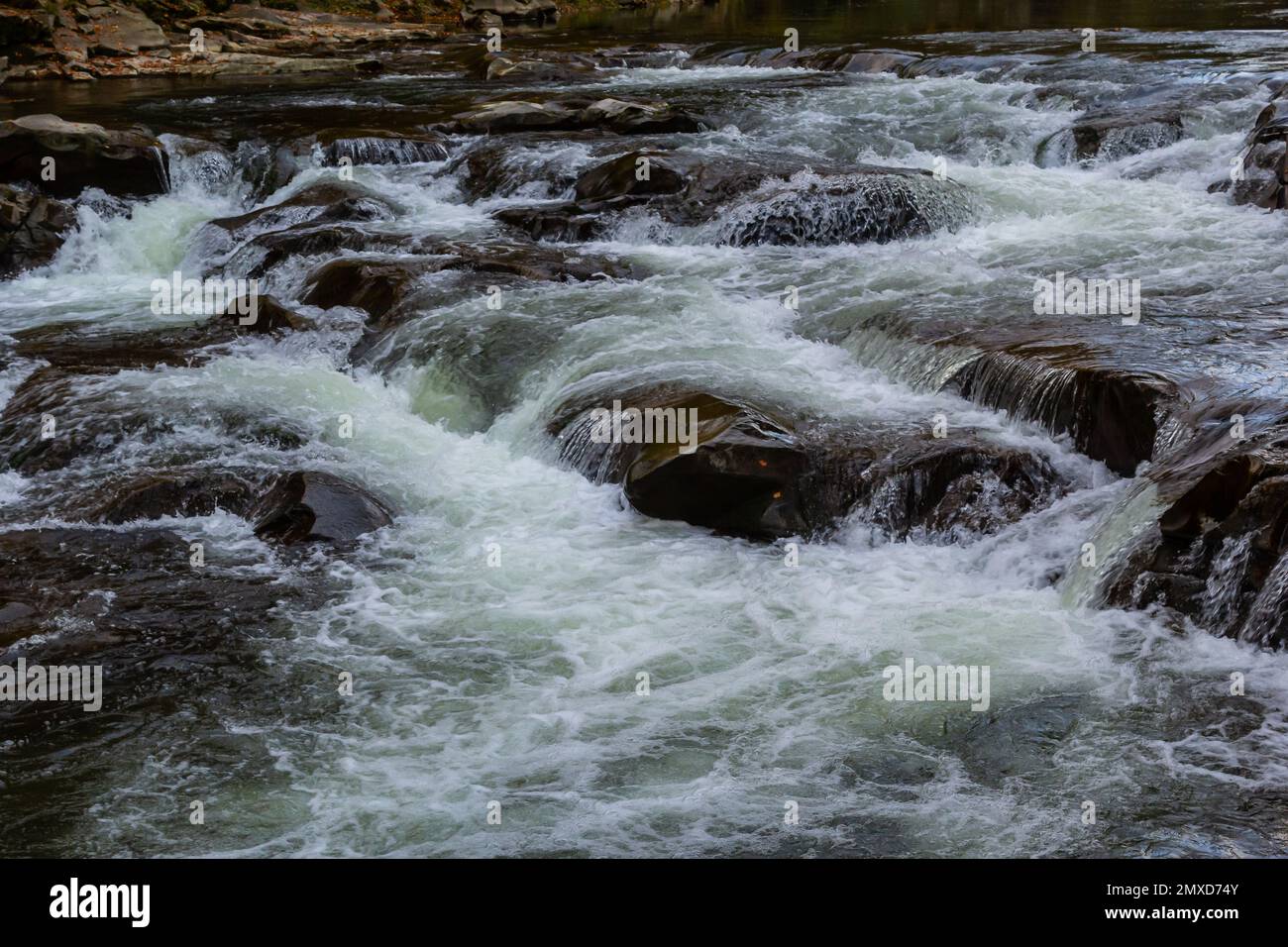 Close-up abstract texture above view of river torrent and clear fresh cold water flowing through mountain rocks in valley with foam and bubbles on sun Stock Photo