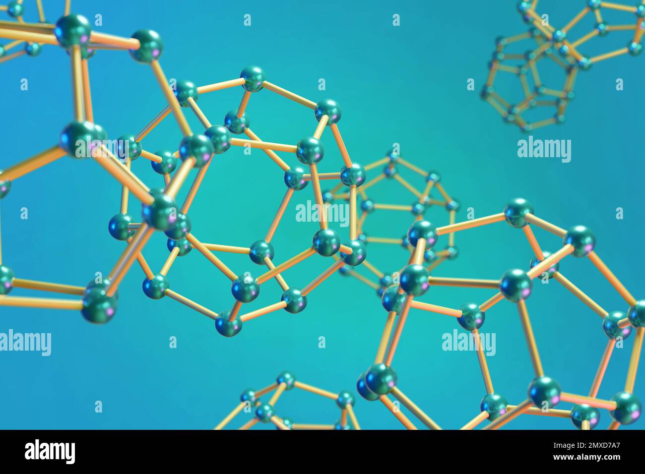 Molecules in the form of a dodecahedron on blue background. 3d illustration. Stock Photo