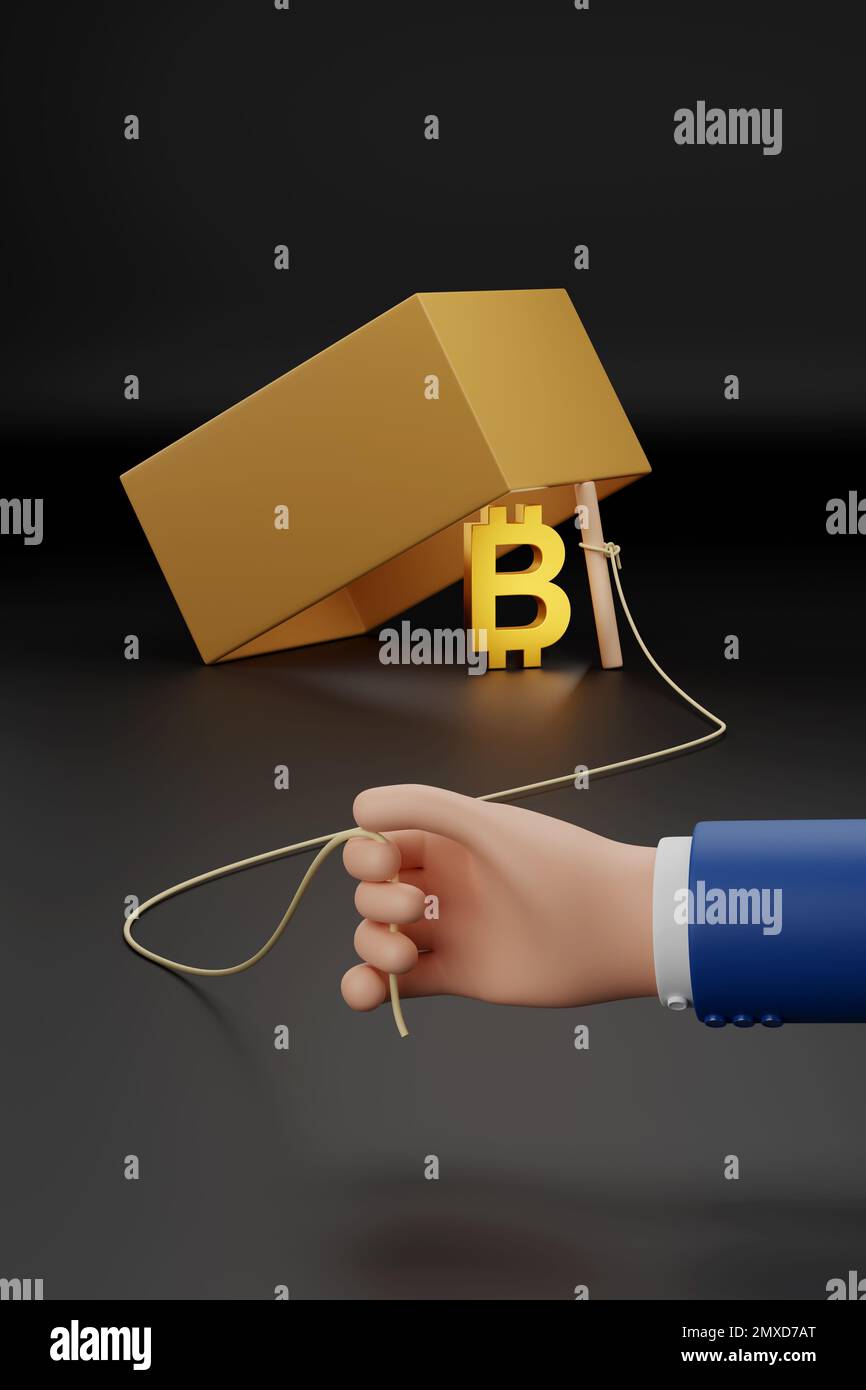 Cartoon hand holding the rope of a box trap with a bitcoin symbol