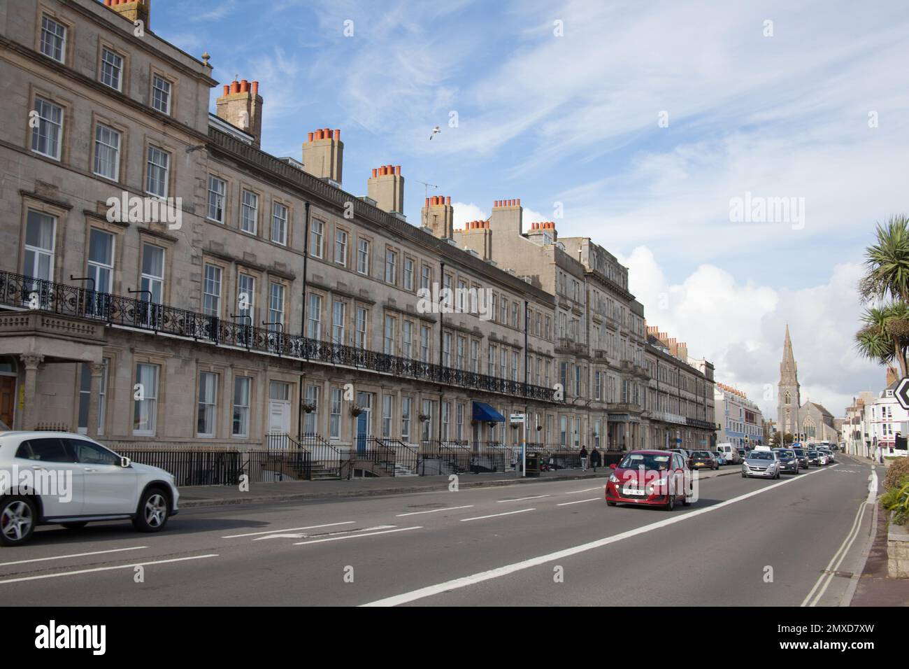 Properties on the seafront in Weymouth, Dorset in the UK Stock Photo
