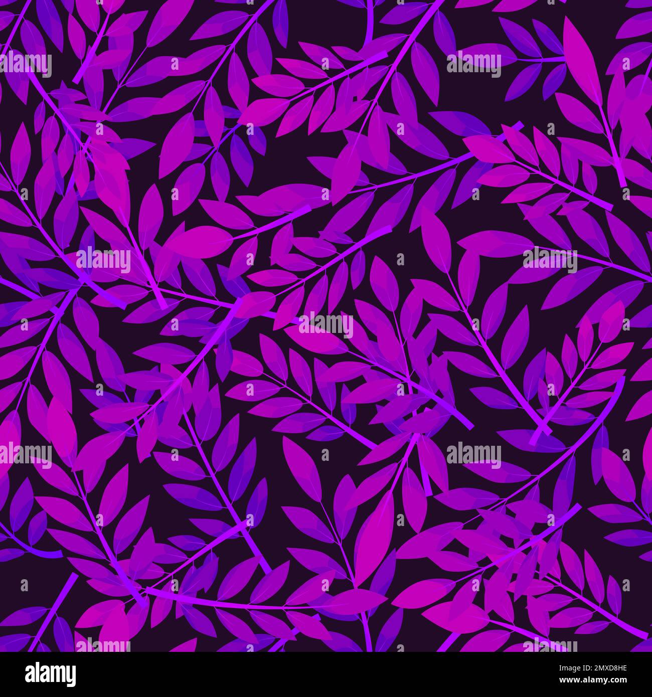 Purple and violet seamless pattern leafs on black background. Stock Vector