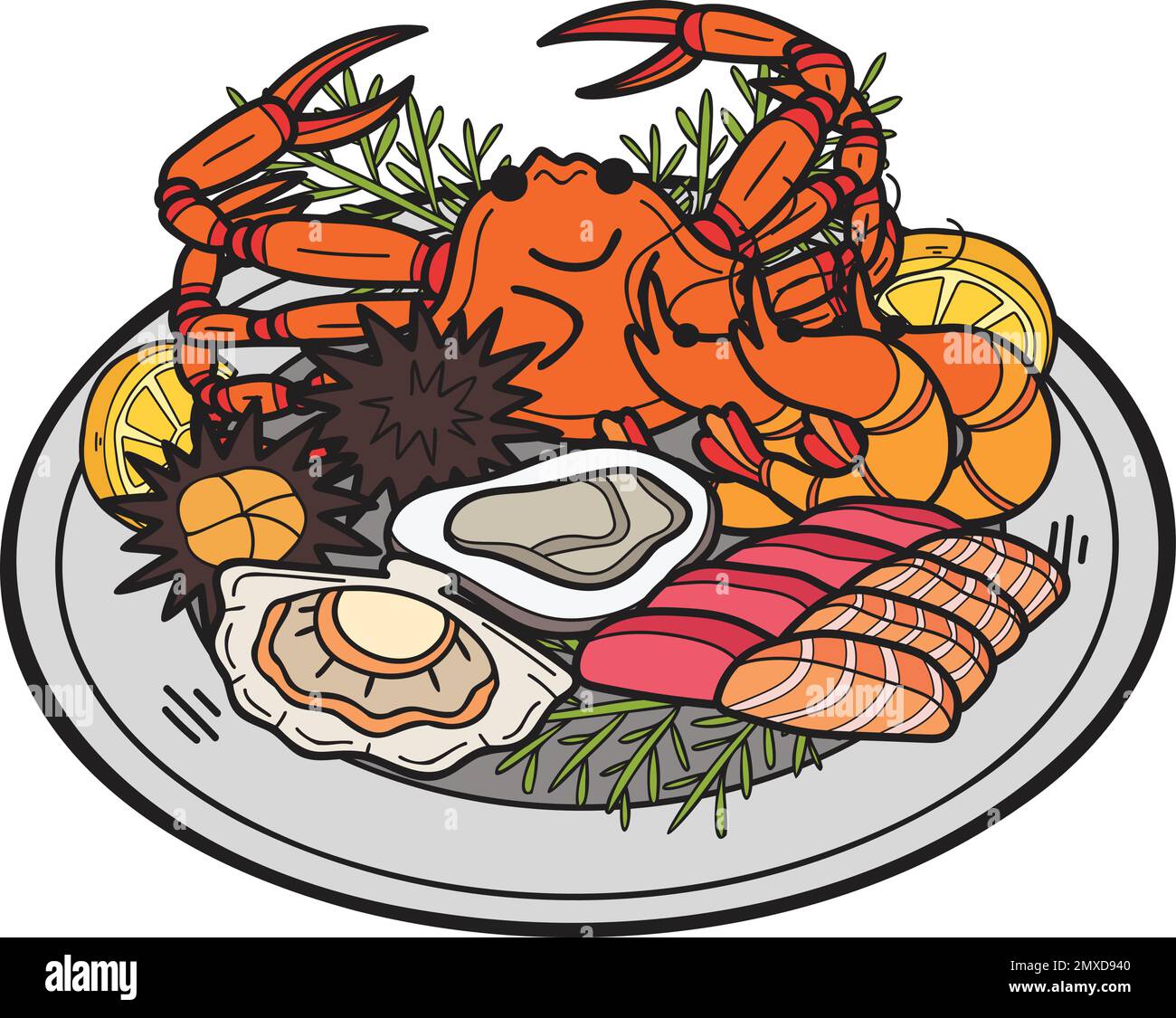 Hand Drawn seafood on plate illustration in doodle style isolated on ...