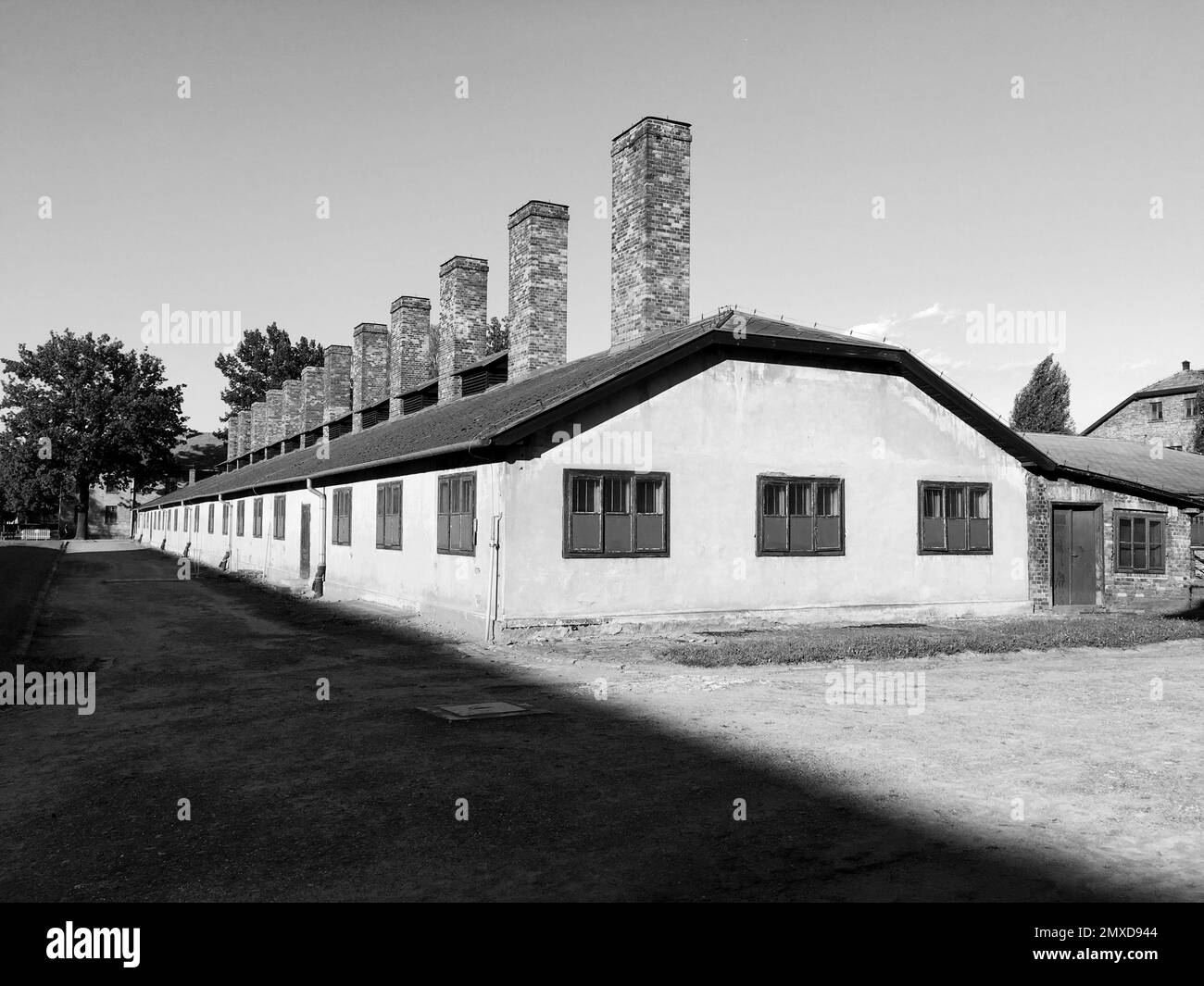 A greyscale of KL Auschwitz, the German Nazi concentration camp and extermination center Stock Photo