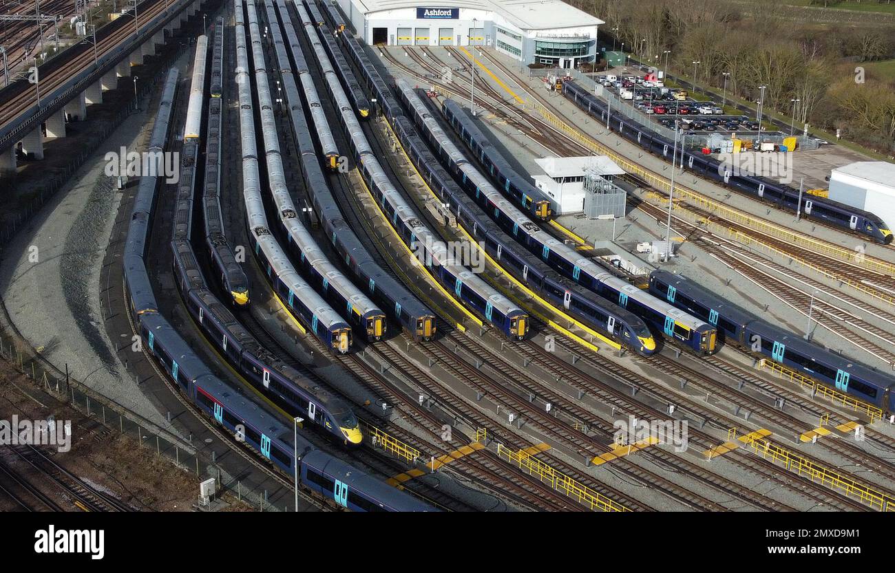 Southeastern trains in sidings at Ashford International station in Kent