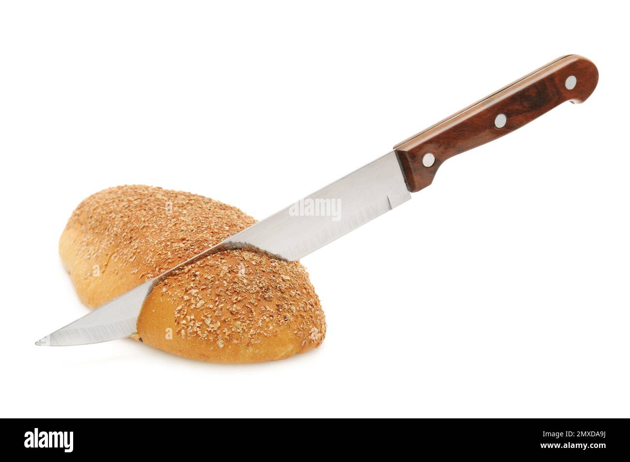 Fresh bread and kitchen knife isolated on a white background Stock Photo