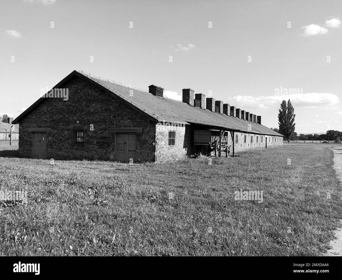 A greyscale of KL Auschwitz, the German Nazi concentration camp and extermination center Stock Photo