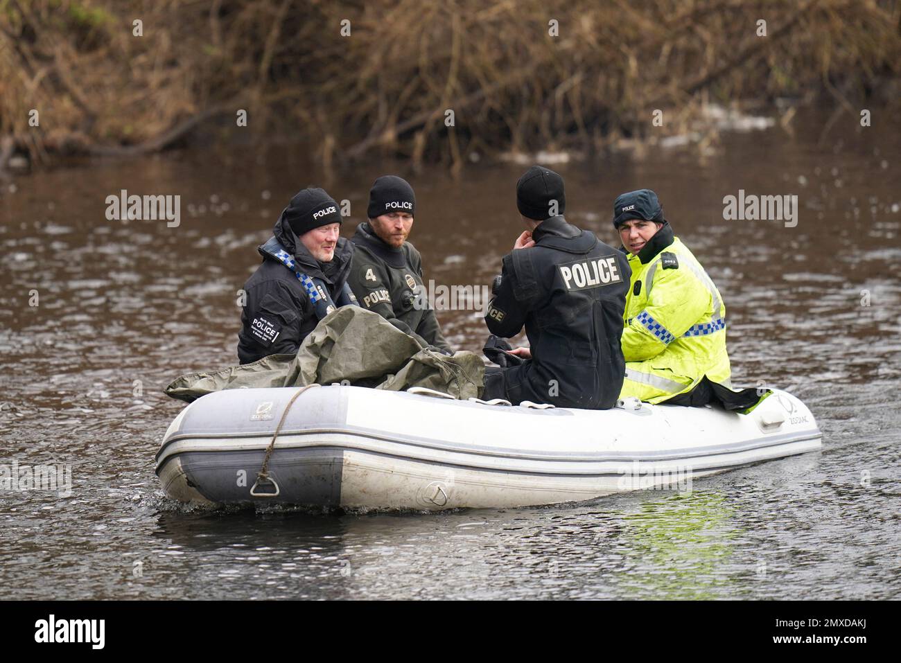 Police officers on the River Wyre, in St Michael's on Wyre, Lancashire, as police continue their search for missing woman Nicola Bulley, 45, who was last seen on the morning of Friday January 27, when she was spotted walking her dog on a footpath by the nearby River Wyre. Picture date: Friday February 3, 2023. Stock Photo