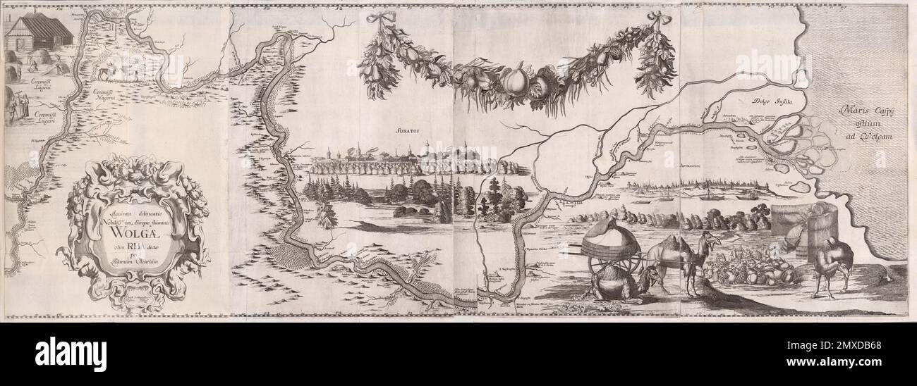 Pictorial map of the Volga River (Illustration from Travels to the Great Duke of Muscovy and the King of Persia by Adam Olearius. Museum: PRIVATE COLLECTION. Author: CHRISTIAN LORENZEN ROTHGIESSER. Stock Photo