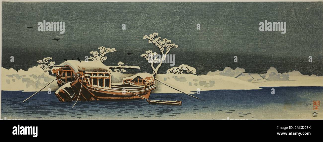 Boat on a river in snowy weather. Museum: PRIVATE COLLECTION. Author: TAKAHASHI HIROAKI. Stock Photo