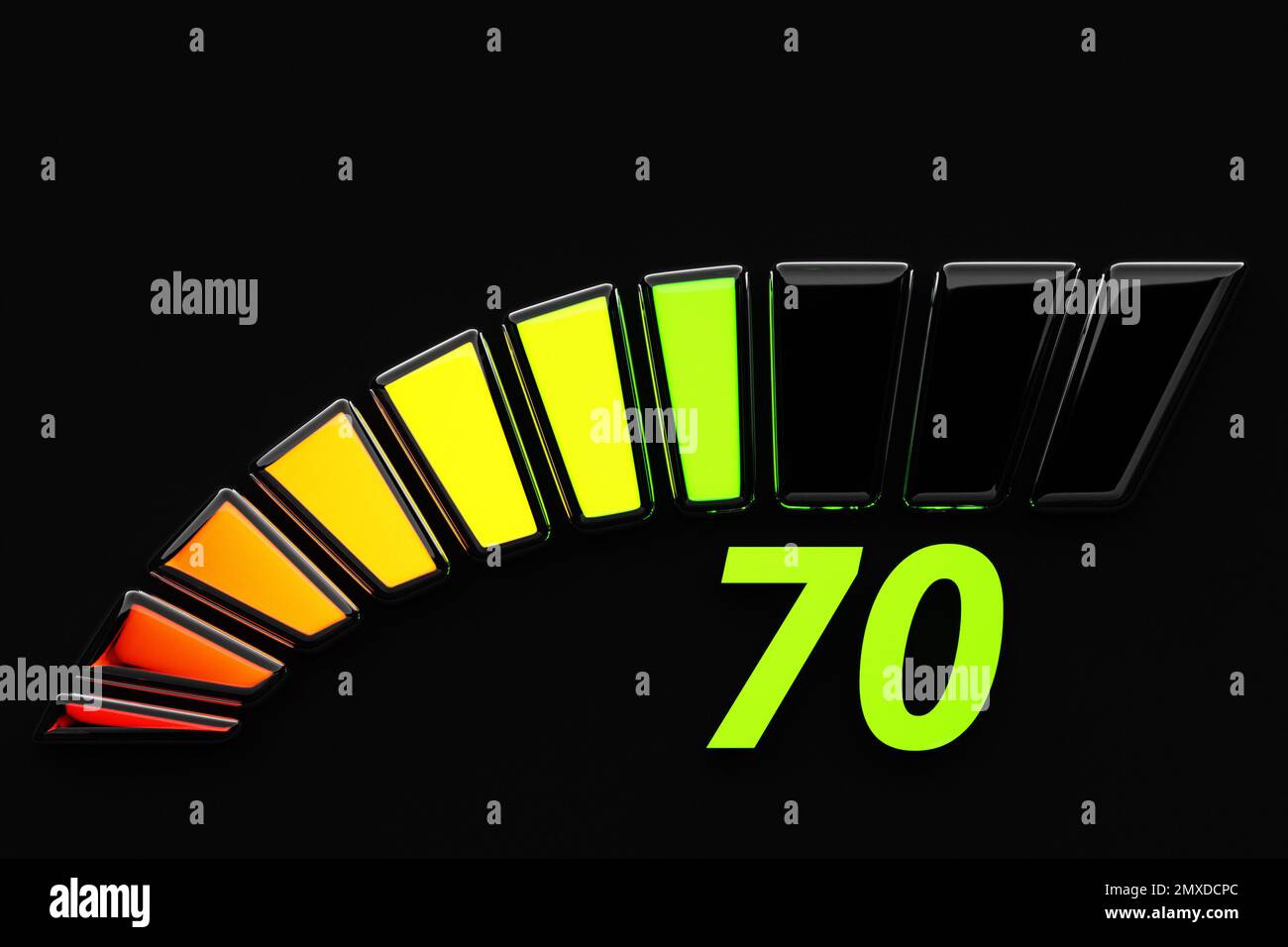 3d illustration control panel icon with indicator 70 . Normal risk ...