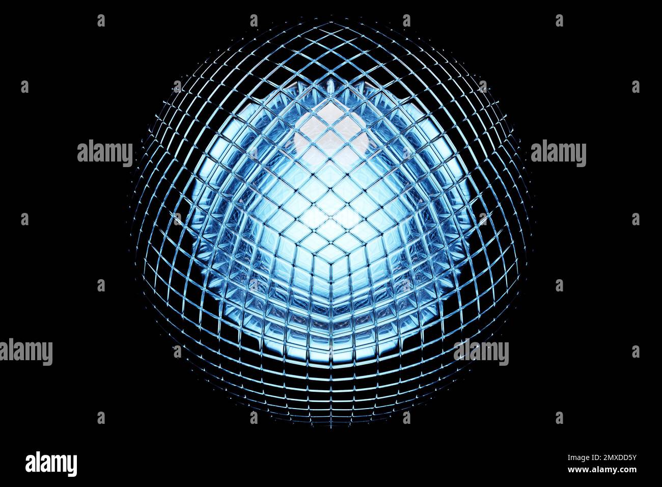 3D illustration of a transparent blue glass ball with many faces ...