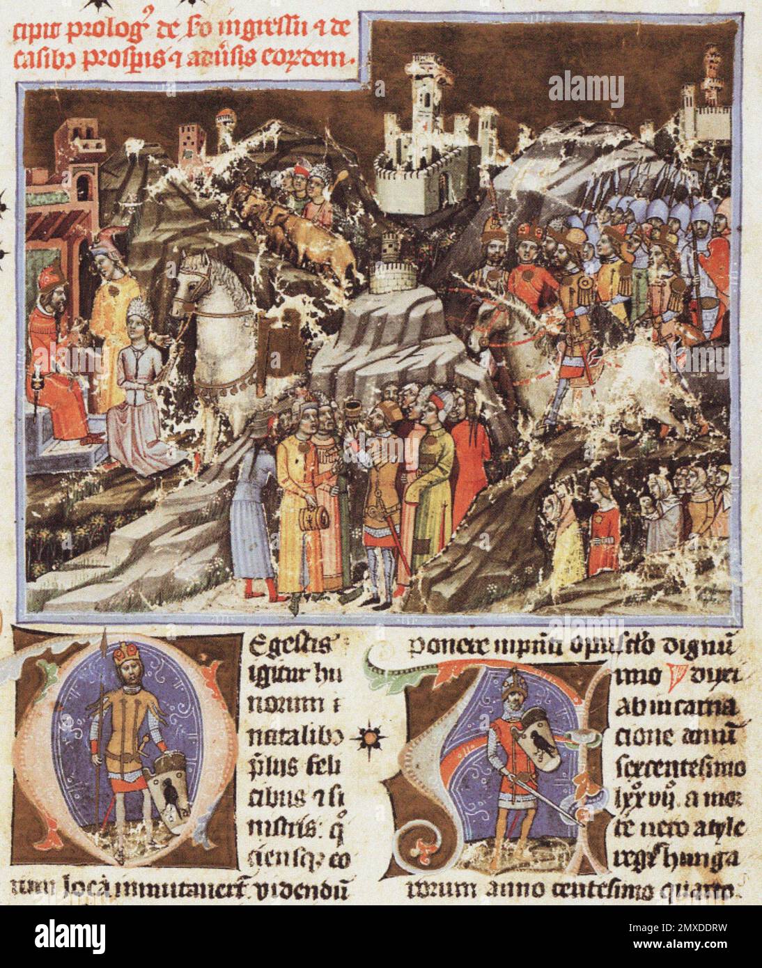 Hungarian conquest of the Carpathian Basin. Miniature from the Chronicon Pictum. Museum: Orszagos Szechenyi Konyvtar, Budapest. Author: Mark of Kalt (Kalti Mark). Stock Photo