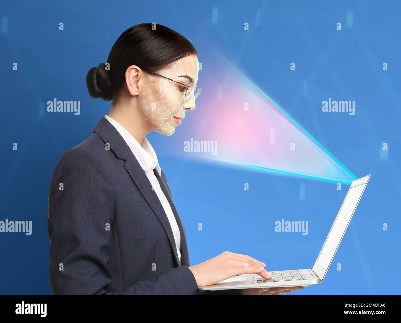 Facial recognition system. Woman using laptop on blue background Stock Photo