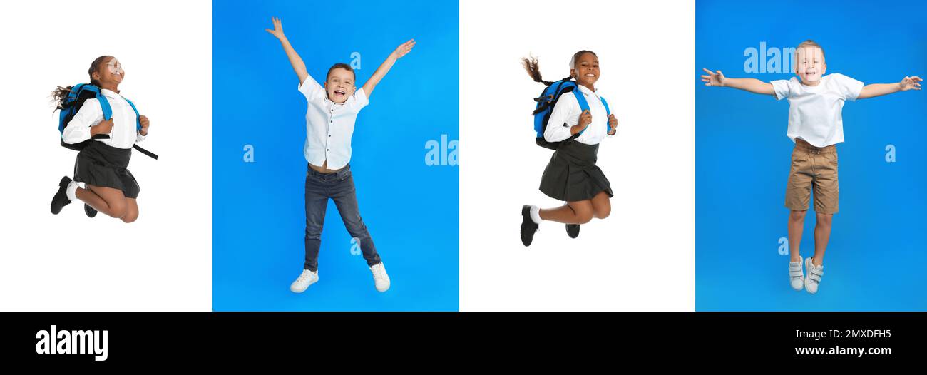 Collage of jumping children in school uniform on color backgrounds. Banner design Stock Photo