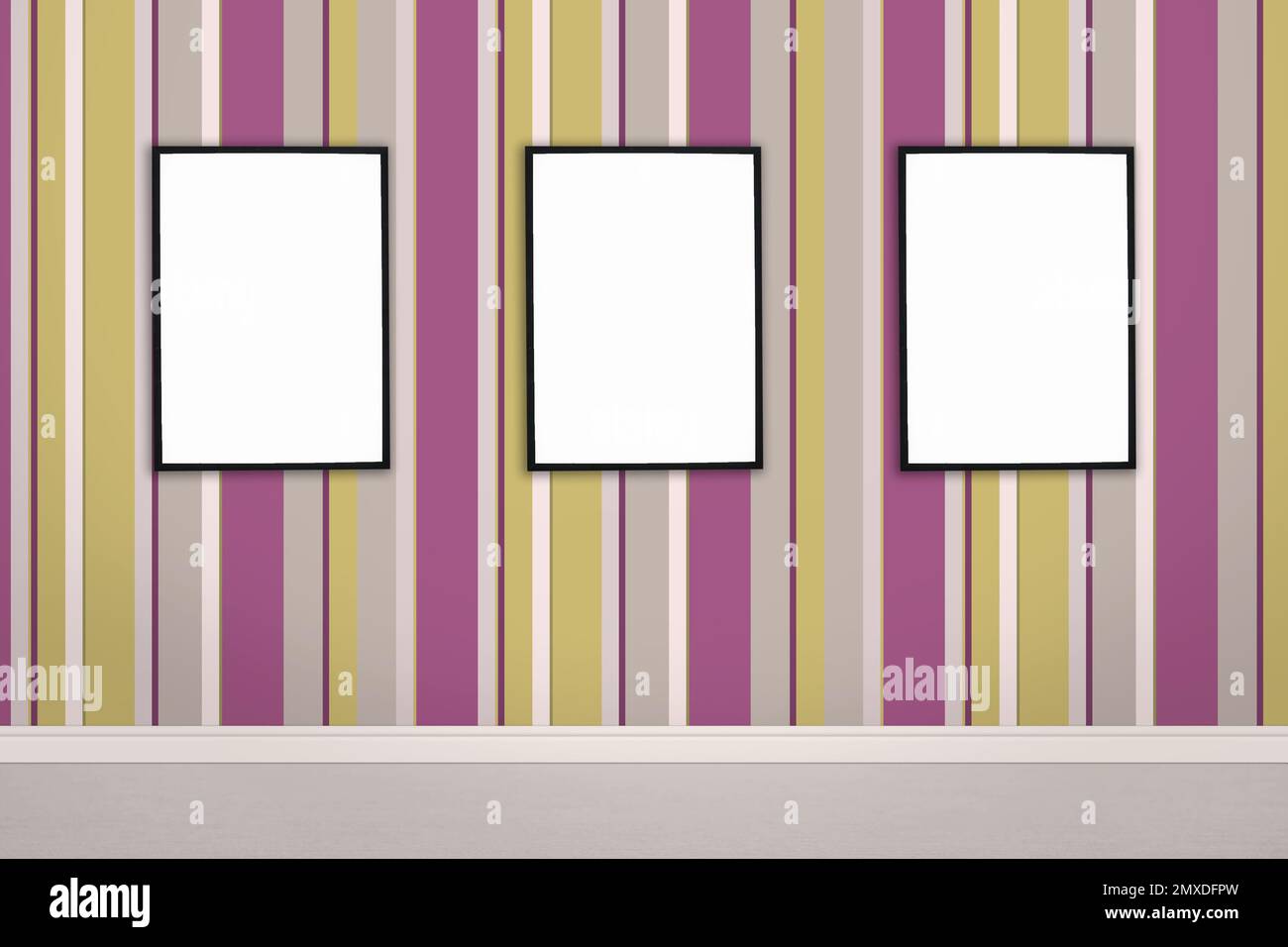 Frames with empty canvases on wall in modern art gallery. Space for