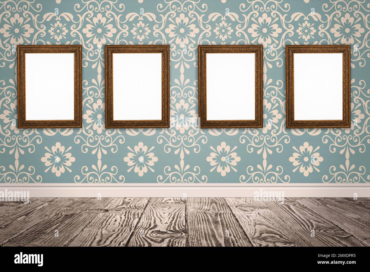 Frames with empty canvases on wall in modern art gallery. Space for