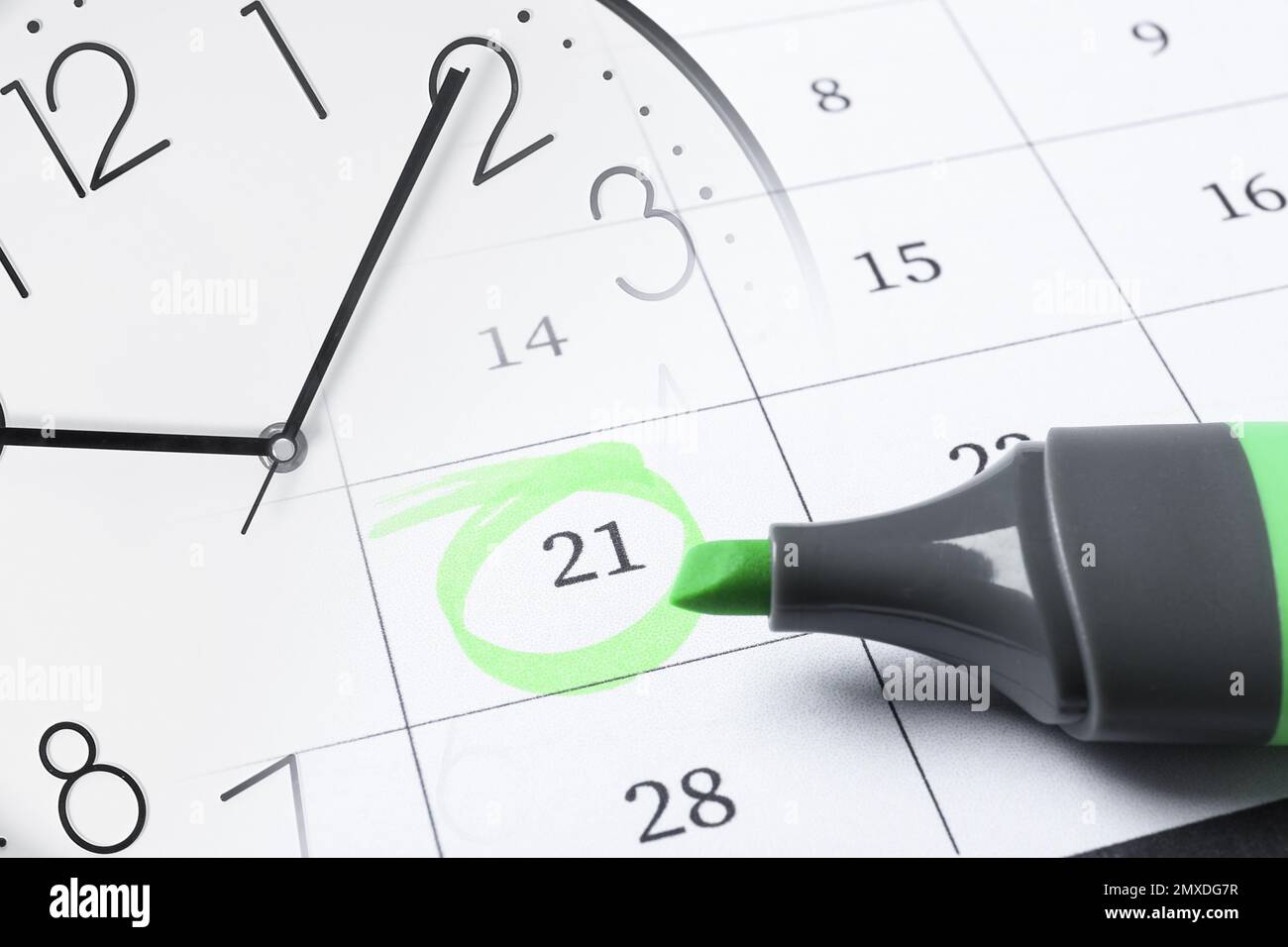 Collage of clock and calendar with marked date Stock Photo - Alamy