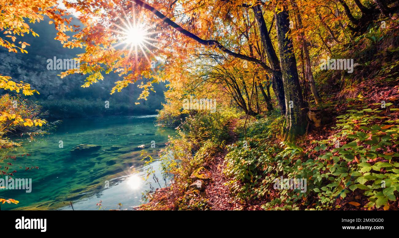 Beautiful autumn scenery. Sunny morning view of pure water river in ...