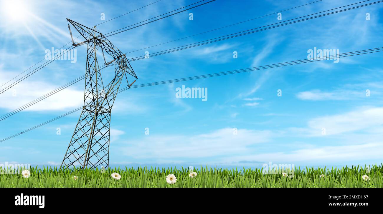 High voltage tower on a green meadow, power line with electric cables ...