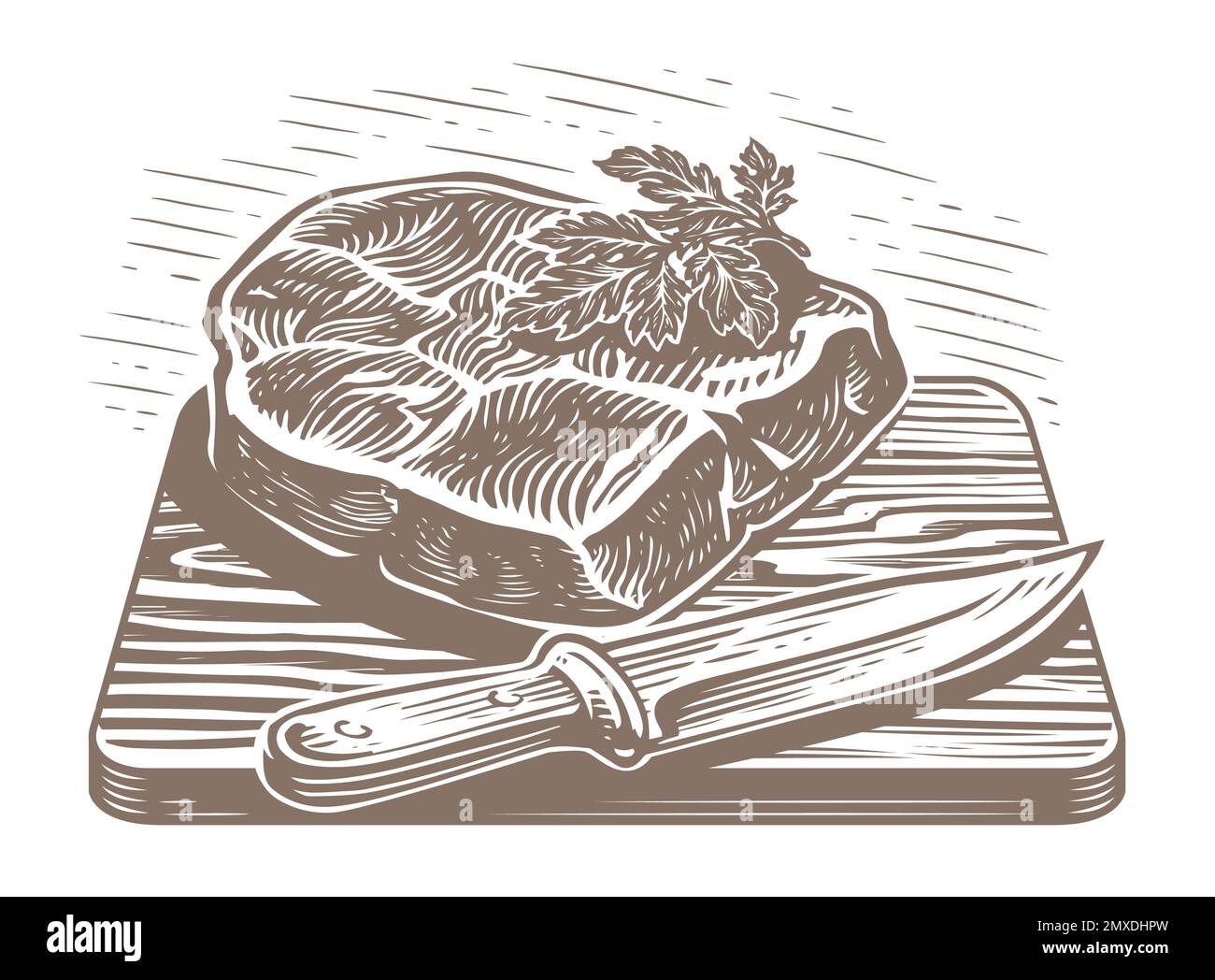 Hand drawn sliced grilled bull steak on wooden board with knife. Illustration for restaurant menu or butcher shop Stock Vector