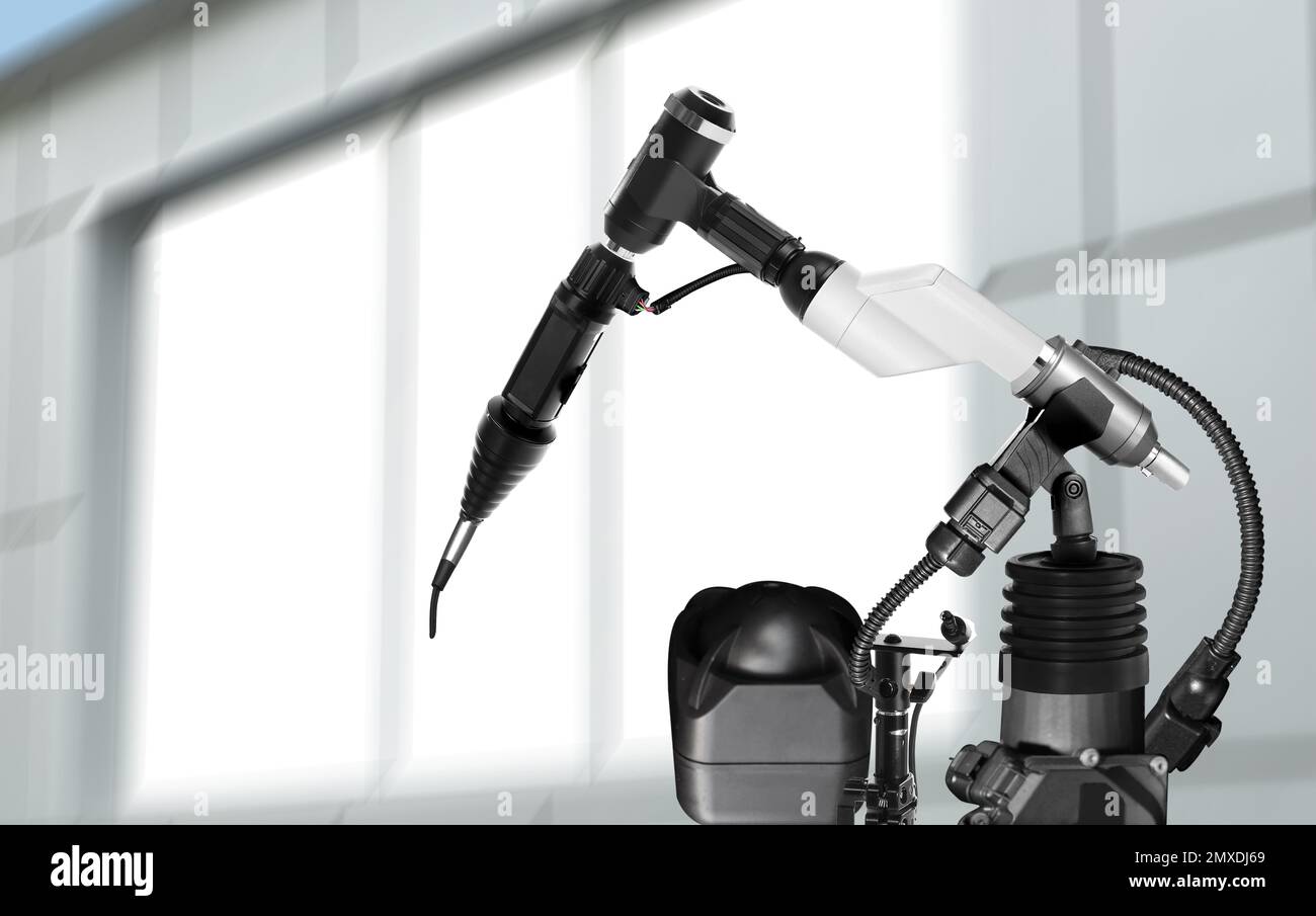 Modern electronic laboratory robot manipulator indoors, closeup ...