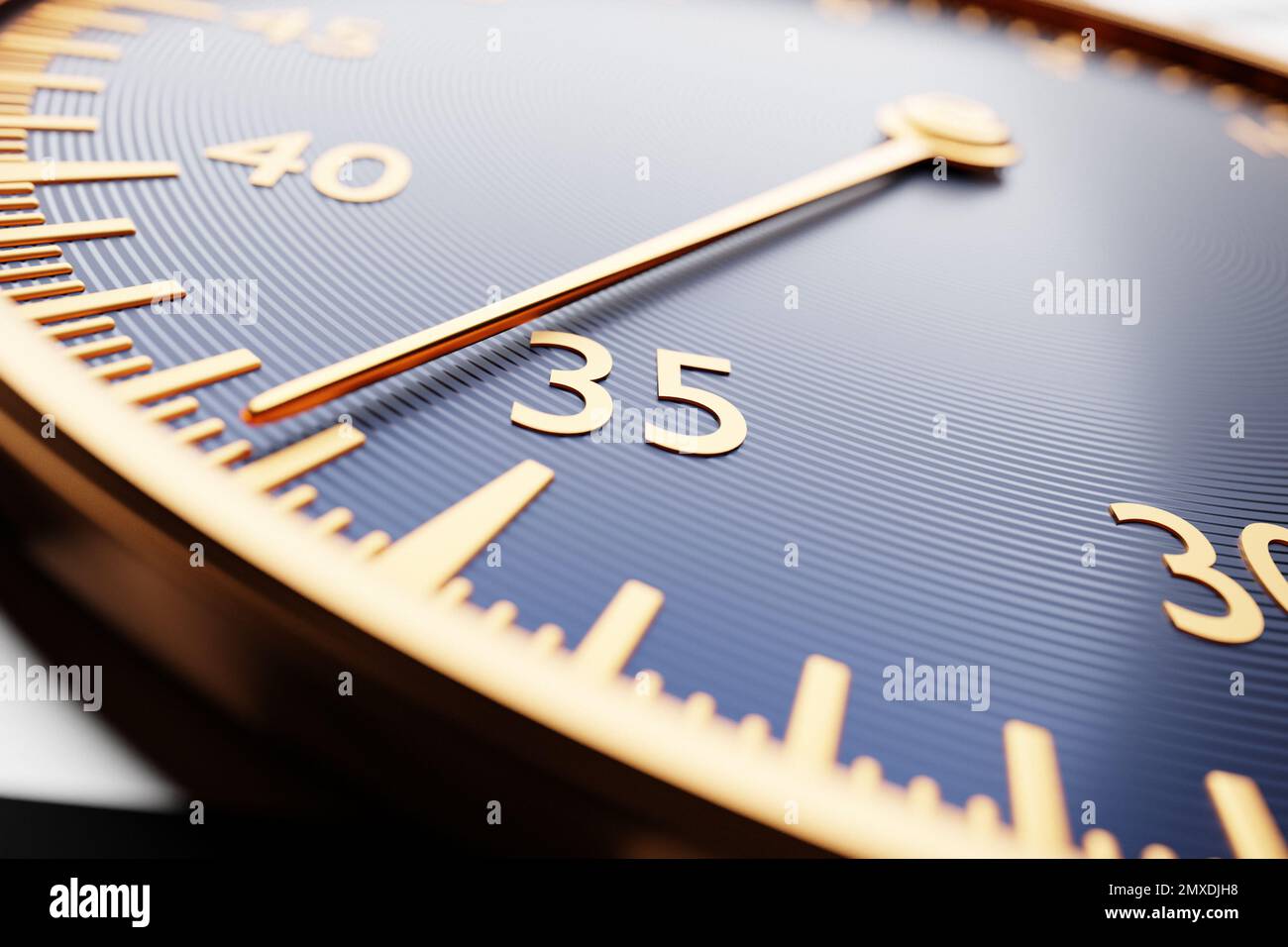 3d illustration close up of black round clock, stopwatch shows the ...
