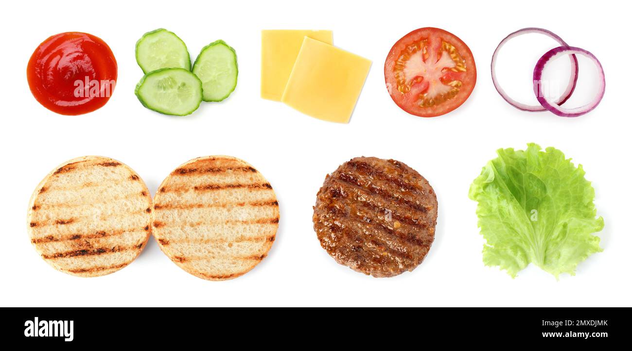 Set of ingredients for delicious burger on white background, top view ...