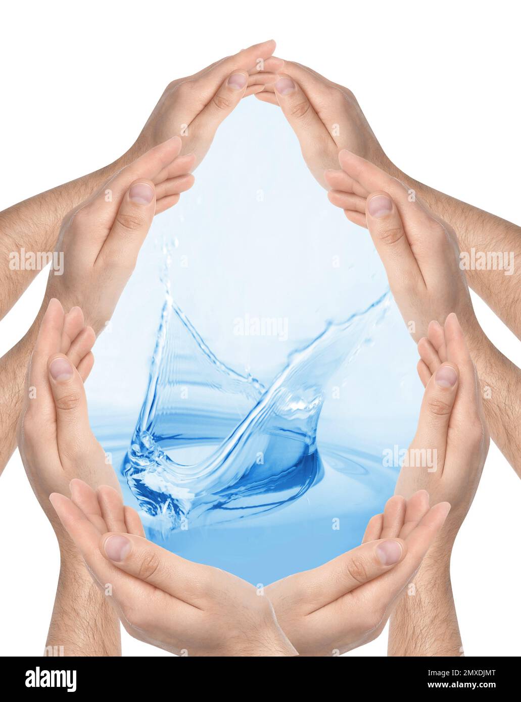 Men forming water drop with their hands on white background. Ecology ...